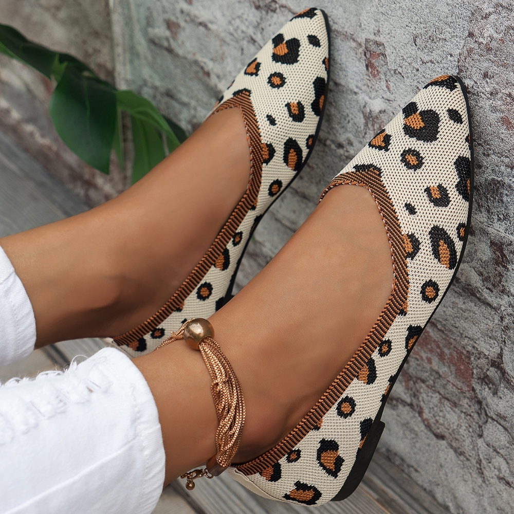Pointed Toe Mesh Knit Contrasting Print Ballet Flat Casual Loafer Slip-on Shoes